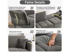 Sofá cama ajustable 2 en 1 - 176 x 78 x 76 cm - 2 plazas - con reposabrazos abatibles - Terciopelo - Gris