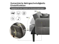 Sofá cama ajustable 2 en 1 - 176 x 78 x 76 cm - 2 plazas - con reposabrazos abatibles - Terciopelo - Gris