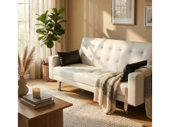 Sofá cama biplaza de cuero artificial con reposabrazos y cojines Agata Pronto Letto - Blanco