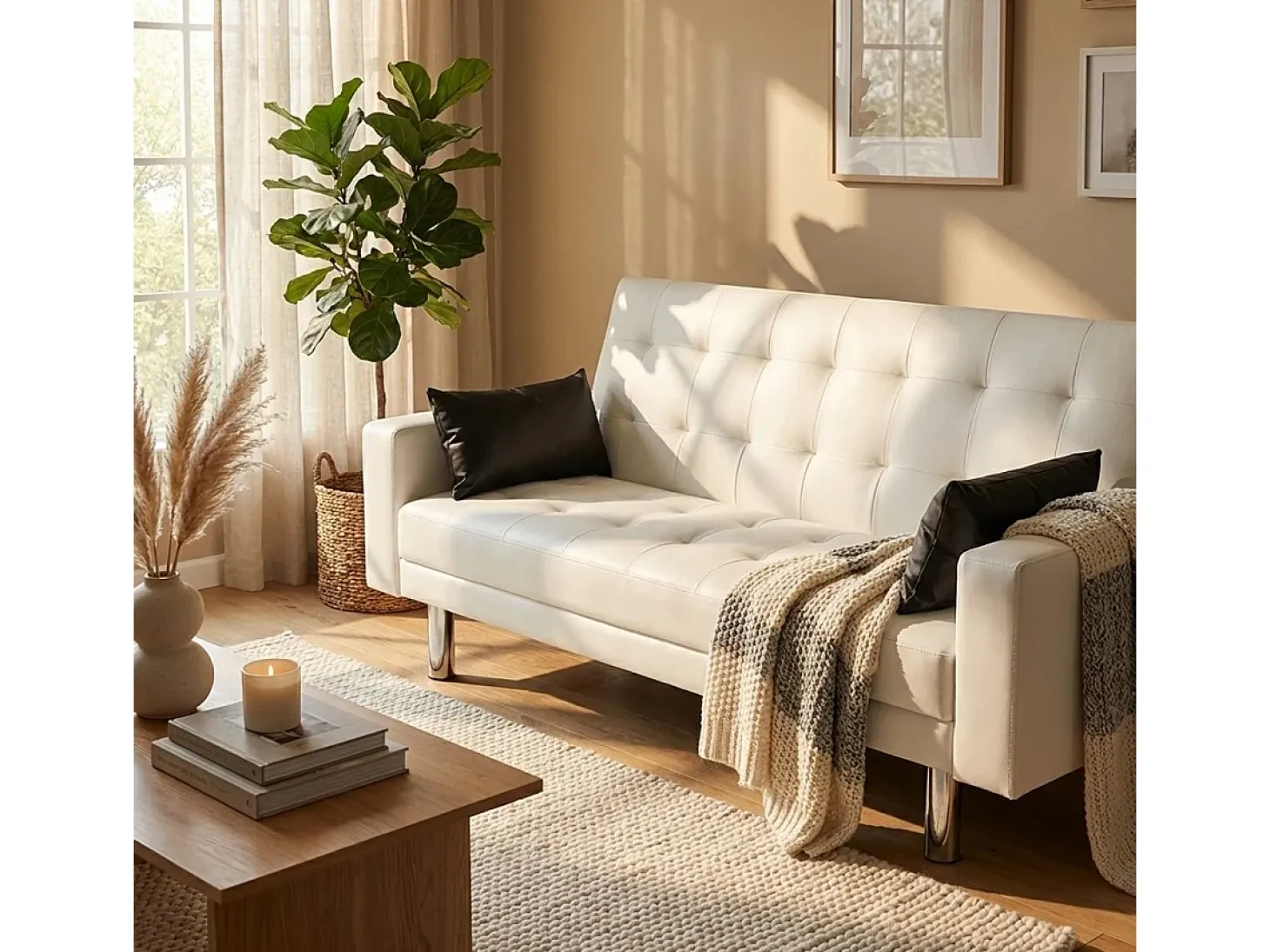 Sofá cama biplaza de cuero artificial con reposabrazos y cojines Agata Pronto Letto - Blanco