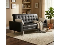 Sofá cama biplaza de cuero artificial con reposabrazos y cojines Agata Pronto Letto - Negro