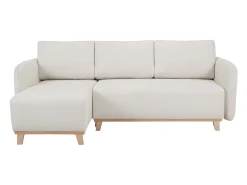 Sofá cama chaise longue reversible 3-4 plazas de tejido efecto aterciopelado texturizado beige y madera clara ROMANE