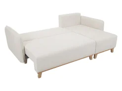 Sofá cama chaise longue reversible 3-4 plazas de tejido efecto aterciopelado texturizado beige y madera clara ROMANE
