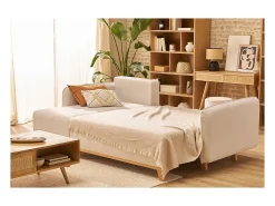 Sofá cama chaise longue reversible 3-4 plazas de tejido efecto aterciopelado texturizado beige y madera clara ROMANE