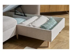 Sofá cama con chaise longue 3-4 plazas con canapé de tela beige y madera clara DRISS