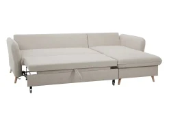Sofá cama con chaise longue 3-4 plazas con canapé de tela beige y madera clara DRISS