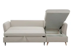 Sofá cama con chaise longue 3-4 plazas con canapé de tela beige y madera clara DRISS