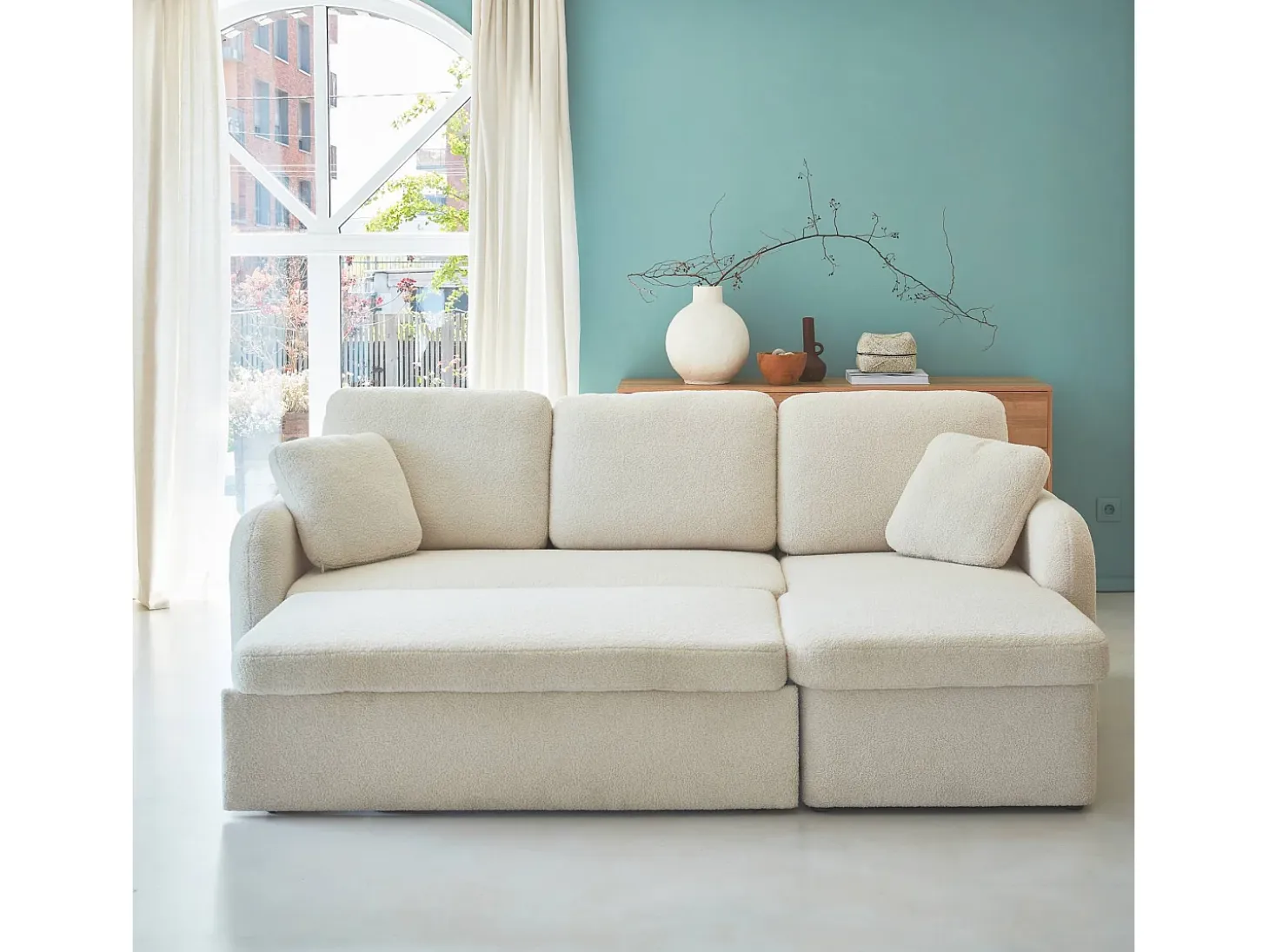 Sofá cama con rizos blancos de 3 plazas crema