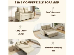 Sofá cama convertible 3 en 1 - 131 x 81 x 94 cm - con portavasos + cojines + puerto USB - Algodón y lino - Beige
