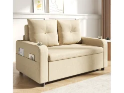 Sofá cama convertible 3 en 1 - 131 x 81 x 94 cm - con portavasos + cojines + puerto USB - Algodón y lino - Beige