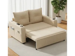 Sofá cama convertible 3 en 1 - 131 x 81 x 94 cm - con portavasos + cojines + puerto USB - Algodón y lino - Beige