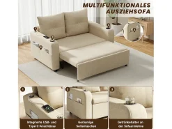 Sofá cama convertible 3 en 1 - 131 x 81 x 94 cm - con portavasos + cojines + puerto USB - Algodón y lino - Beige