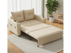 Sofá cama convertible 3 en 1 - 131 x 81 x 94 cm - con portavasos + cojines + puerto USB - Algodón y lino - Beige