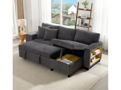 Sofá cama convertible 3 plazas - 231 x 131,5 x 84 cm - con USB + cojines + almacenaje - terciopelo - gris