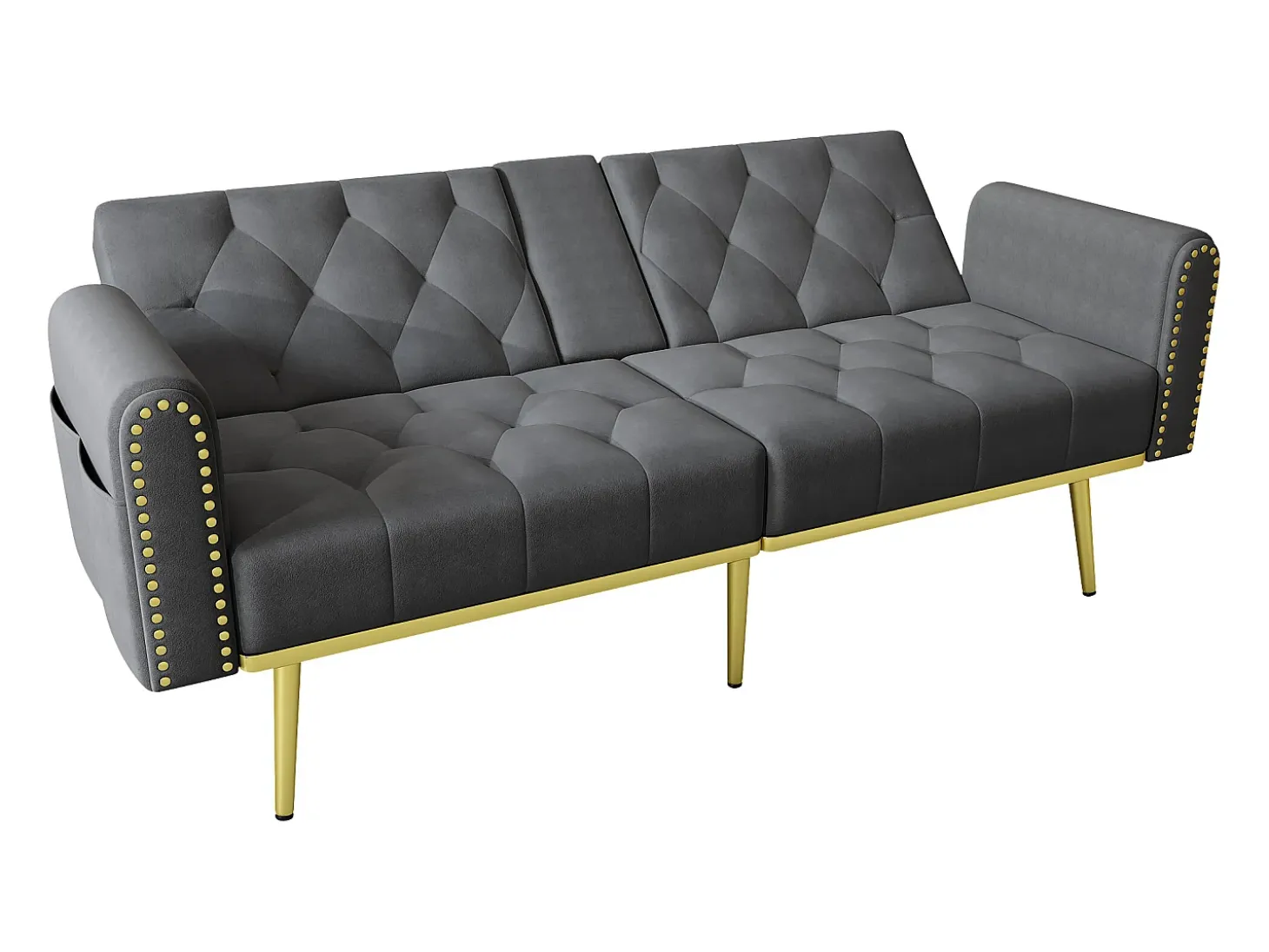 Sofá cama convertible de 2 plazas - Portavasos, 2 soportes lumbares y bolsillos laterales - Terciopelo gris