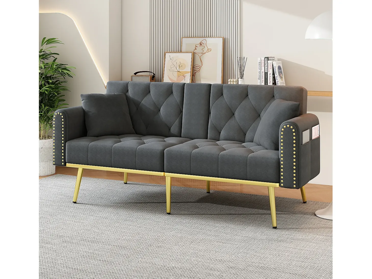Sofá cama convertible de 2 plazas - Portavasos, 2 soportes lumbares y bolsillos laterales - Terciopelo gris