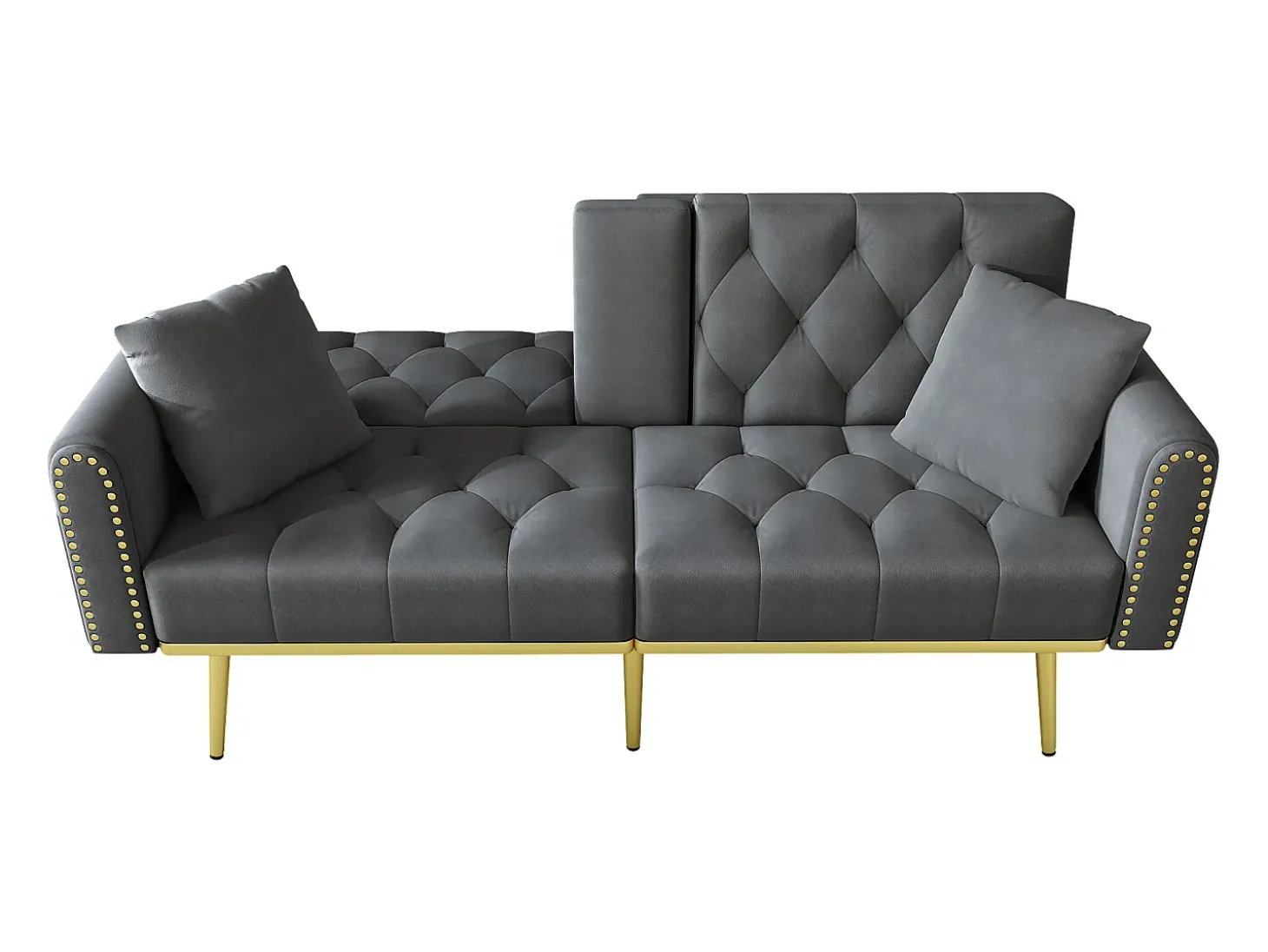 Sofá cama convertible de 2 plazas - Portavasos, 2 soportes lumbares y bolsillos laterales - Terciopelo gris