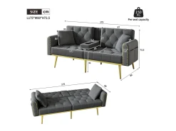 Sofá cama convertible de 2 plazas - Portavasos, 2 soportes lumbares y bolsillos laterales - Terciopelo gris