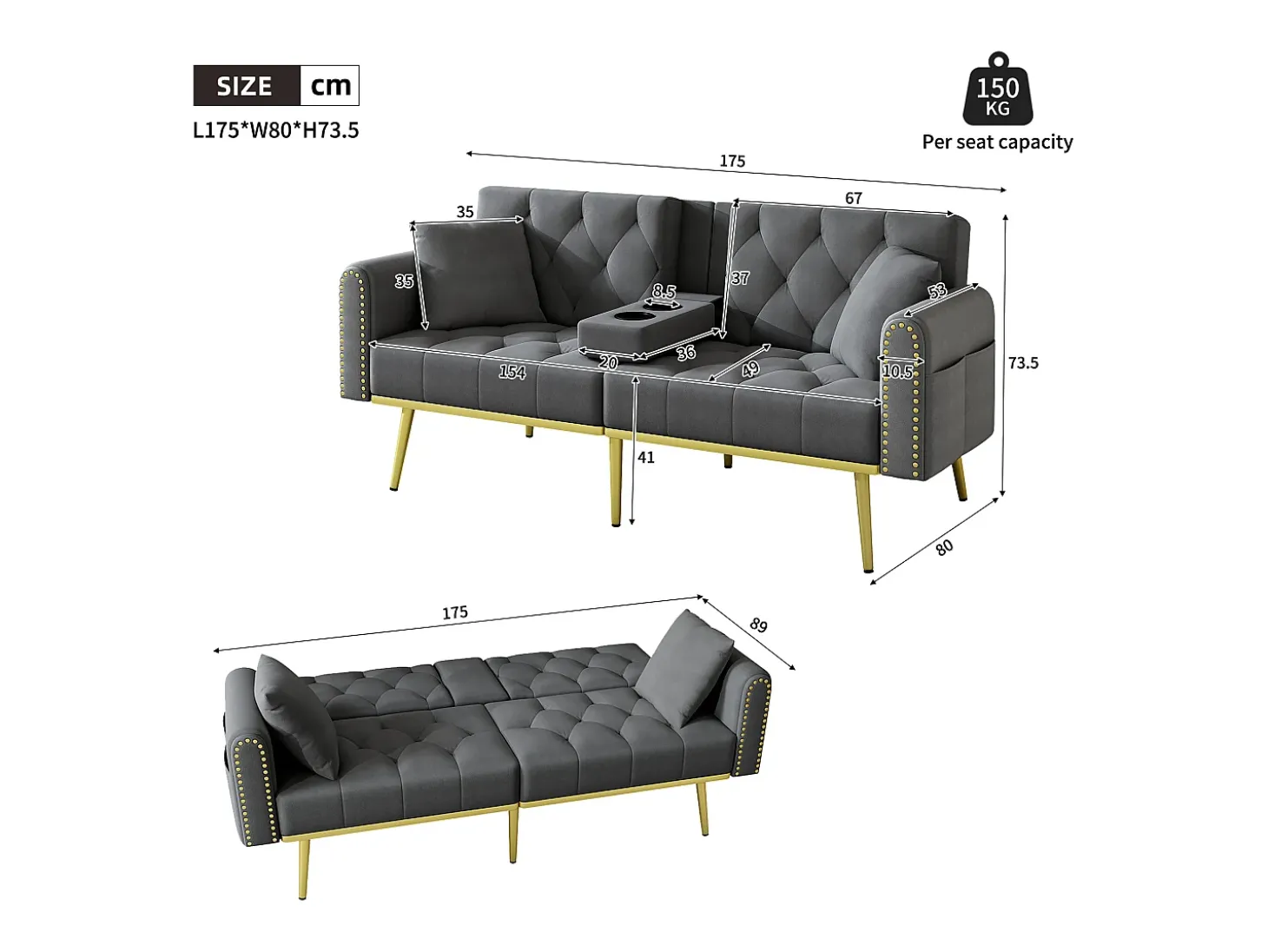 Sofá cama convertible de 2 plazas - Portavasos, 2 soportes lumbares y bolsillos laterales - Terciopelo gris