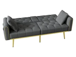 Sofá cama convertible de 2 plazas - Portavasos, 2 soportes lumbares y bolsillos laterales - Terciopelo gris