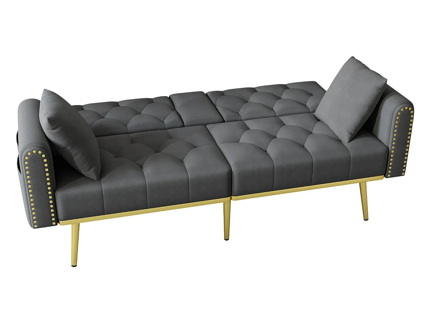 Sofá cama convertible de 2 plazas - Portavasos, 2 soportes lumbares y bolsillos laterales - Terciopelo gris