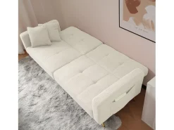 Sofá cama convertible de 2 plazas en tejido Sherpa - 175 x 64 x 72 cm - Patas de metal dorado - Blanco