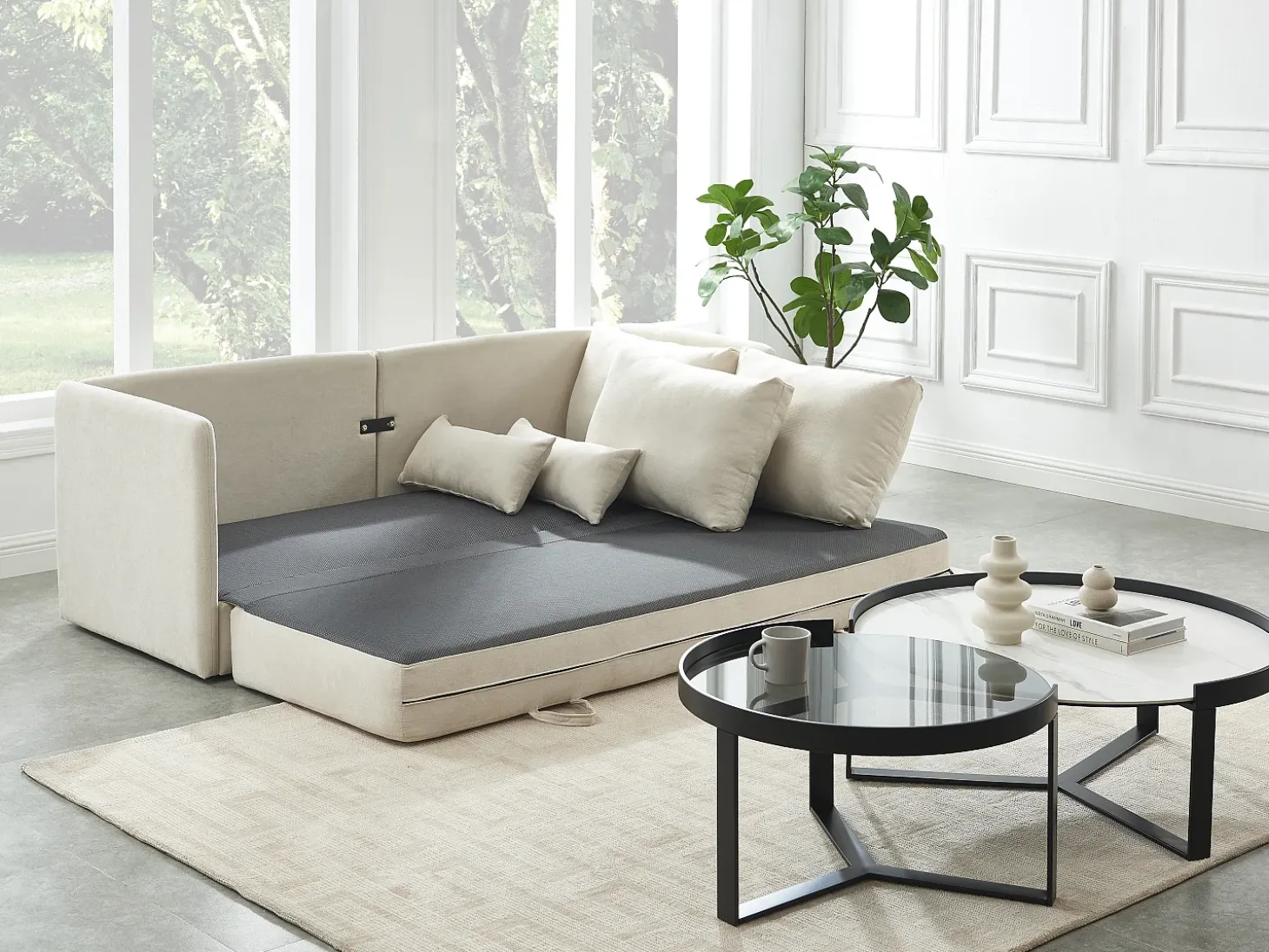 Sofá cama convertible de 3 plazas de tela color beige GRECCO