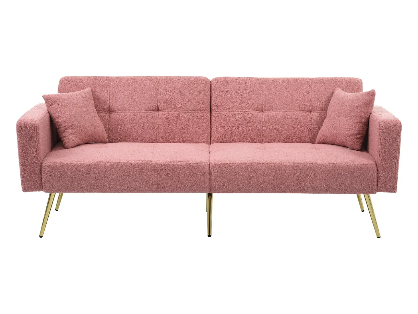 Sofá cama convertible de 2 plazas en tejido Sherpa - 175 x 64 x 72 cm - Patas de metal dorado - Rosa