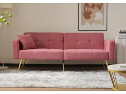 Sofá cama convertible de 2 plazas en tejido Sherpa - 175 x 64 x 72 cm - Patas de metal dorado - Rosa