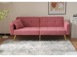 Sofá cama convertible de 2 plazas en tejido Sherpa - 175 x 64 x 72 cm - Patas de metal dorado - Rosa