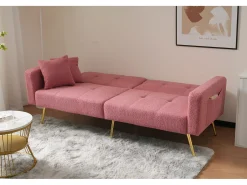 Sofá cama convertible de 2 plazas en tejido Sherpa - 175 x 64 x 72 cm - Patas de metal dorado - Rosa