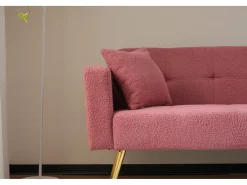 Sofá cama convertible de 2 plazas en tejido Sherpa - 175 x 64 x 72 cm - Patas de metal dorado - Rosa