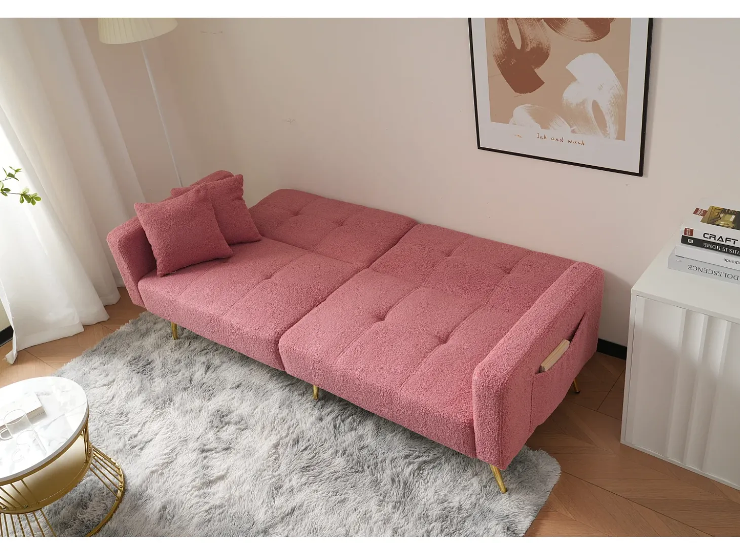 Sofá cama convertible de 2 plazas en tejido Sherpa - 175 x 64 x 72 cm - Patas de metal dorado - Rosa