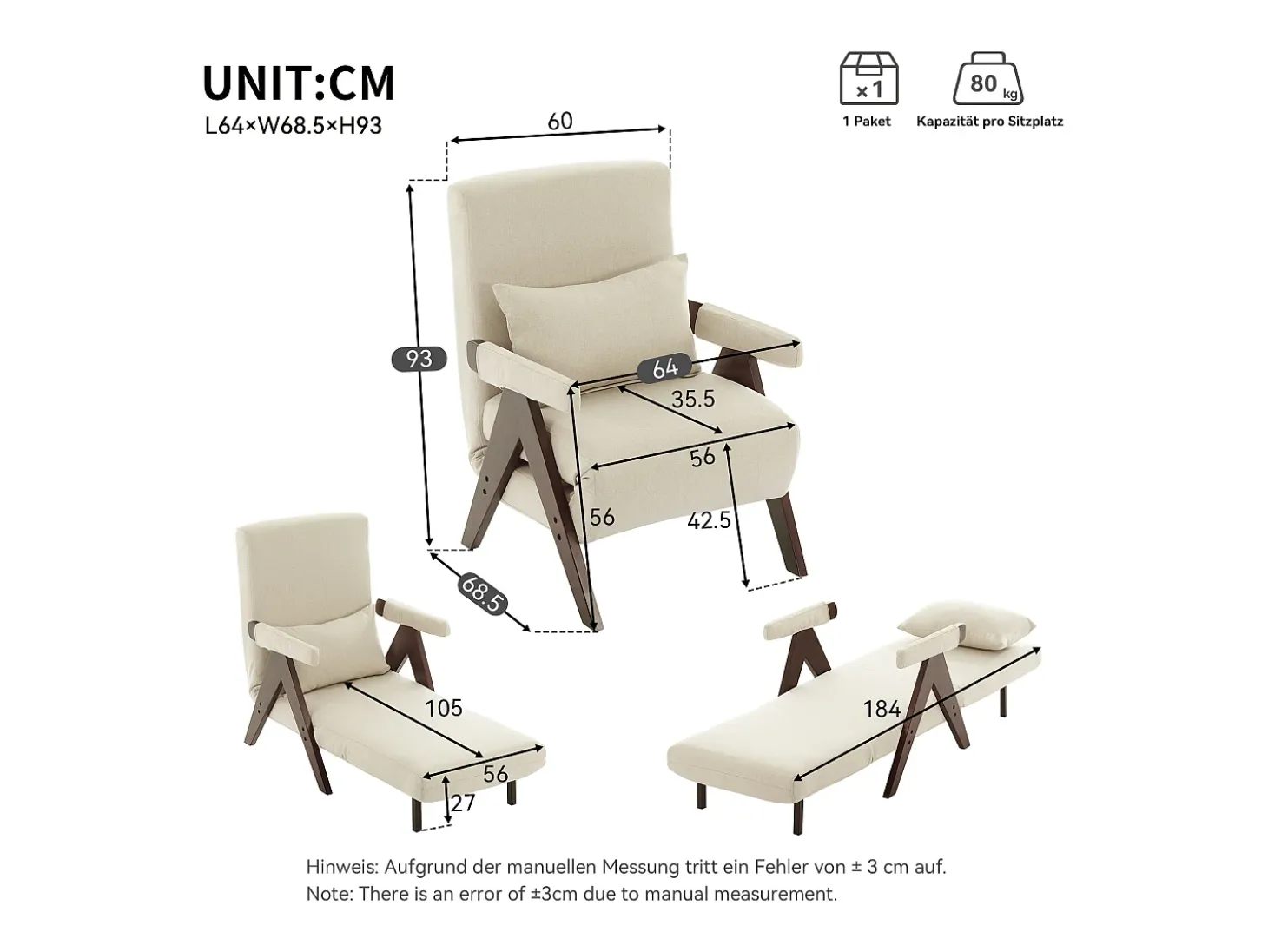 Sofá cama convertible tres en uno, silla plegable tapizada, nogal
