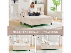 Sofá cama de 3 plazas - 142 x 128 x 85 cm - con portavasos + puertos USB + LED - terciopelo - beige