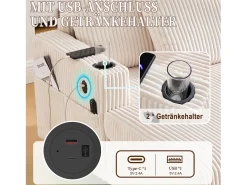Sofá cama de 3 plazas - 142 x 128 x 85 cm - con portavasos + puertos USB + LED - terciopelo - beige