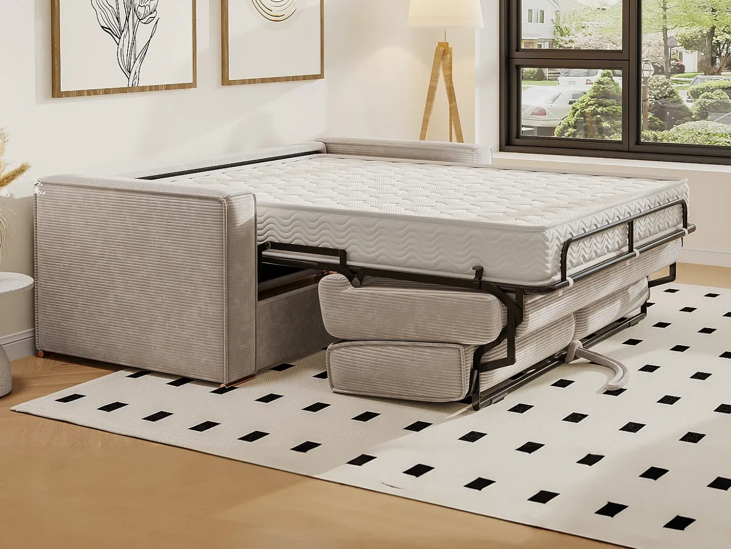 Sofá cama de 4 plazas con apertura italiana de pana beige LORETO