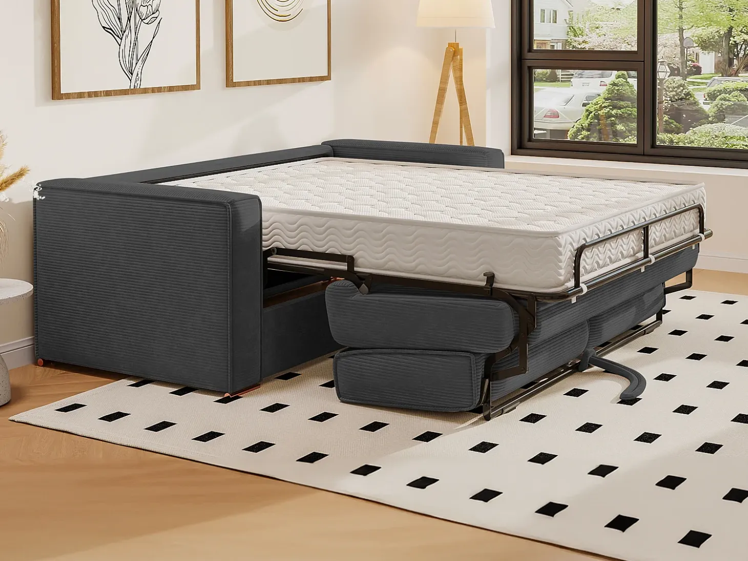 Sofá cama de 3 plazas con apertura italiana de pana beige LORETO
