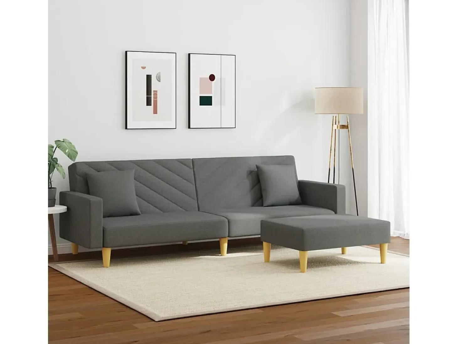 Sofá cama de 2 plazas con almohadas y taburete tela gris oscuro