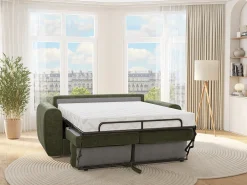 Sofá cama de 3 plazas con convertible de apertura rápida de tela verde - 140 cm de ancho de cama - Colchón de 22 cm BOLIPO