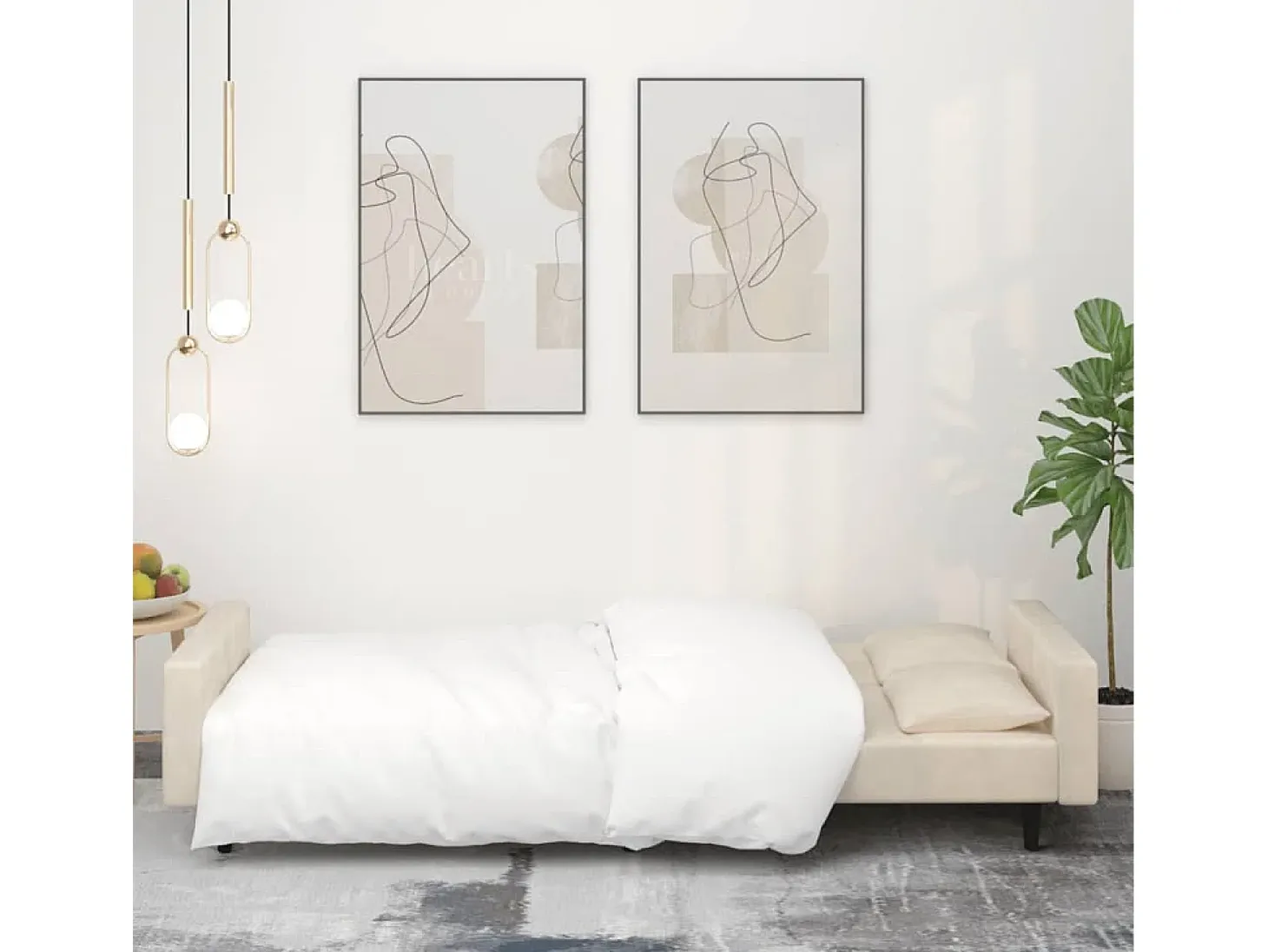 Sofá cama de 2 plazas con dos almohadas terciopelo color crema
