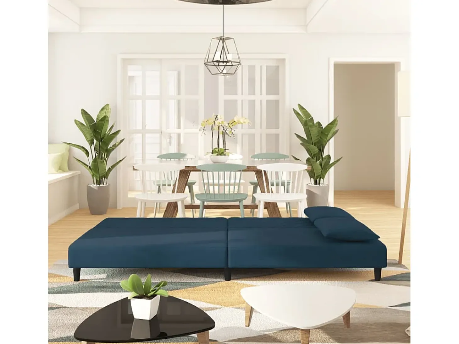 Sofá cama de 2 plazas con dos almohadas terciopelo azul