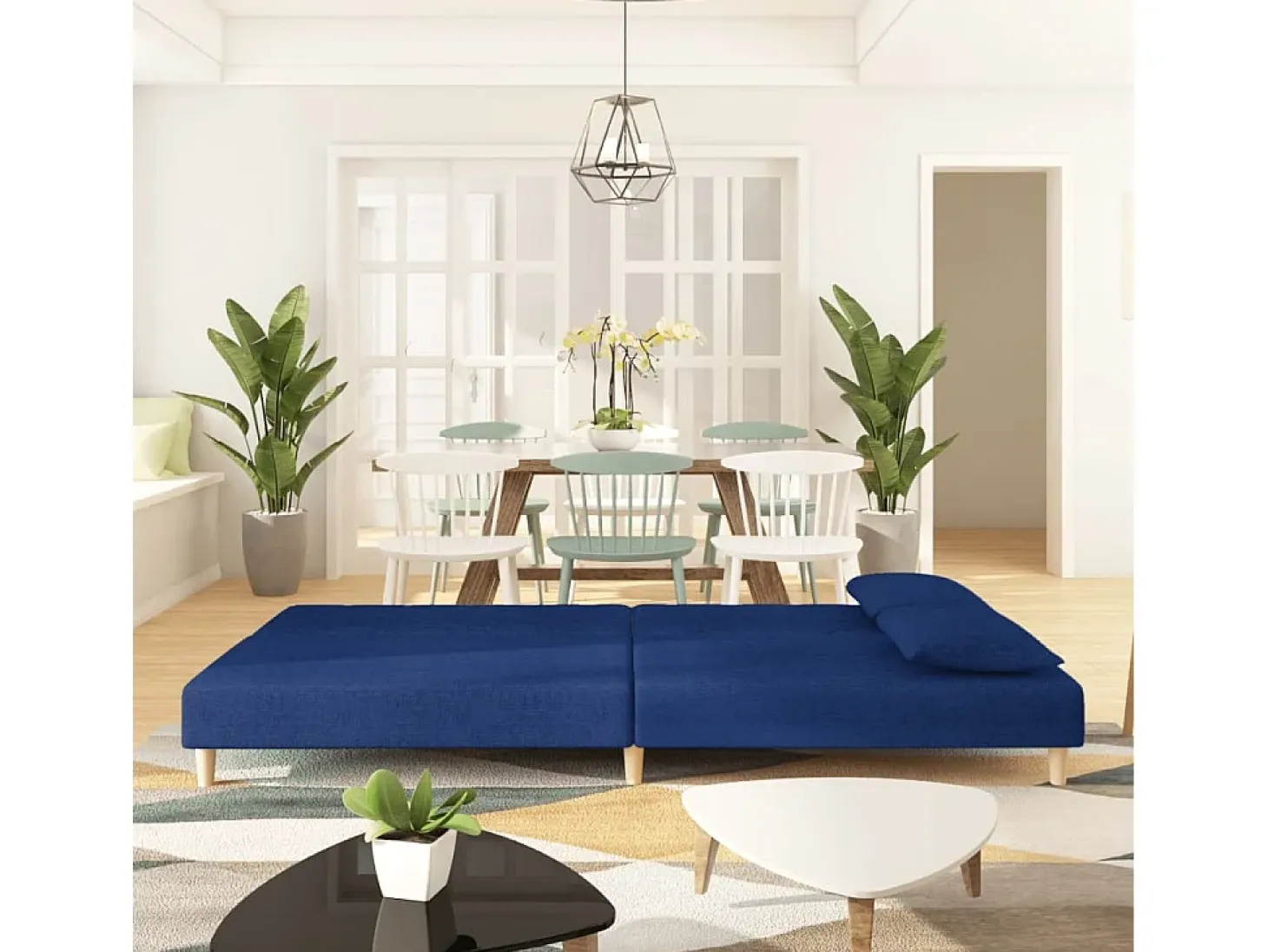 Sofá cama de 2 plazas con dos almohadas tela azul