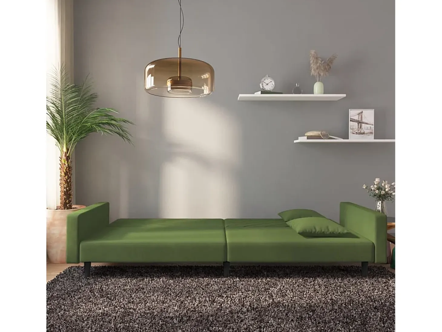 Sofá cama de 2 plazas con dos almohadas terciopelo verde oscuro PWFG17126