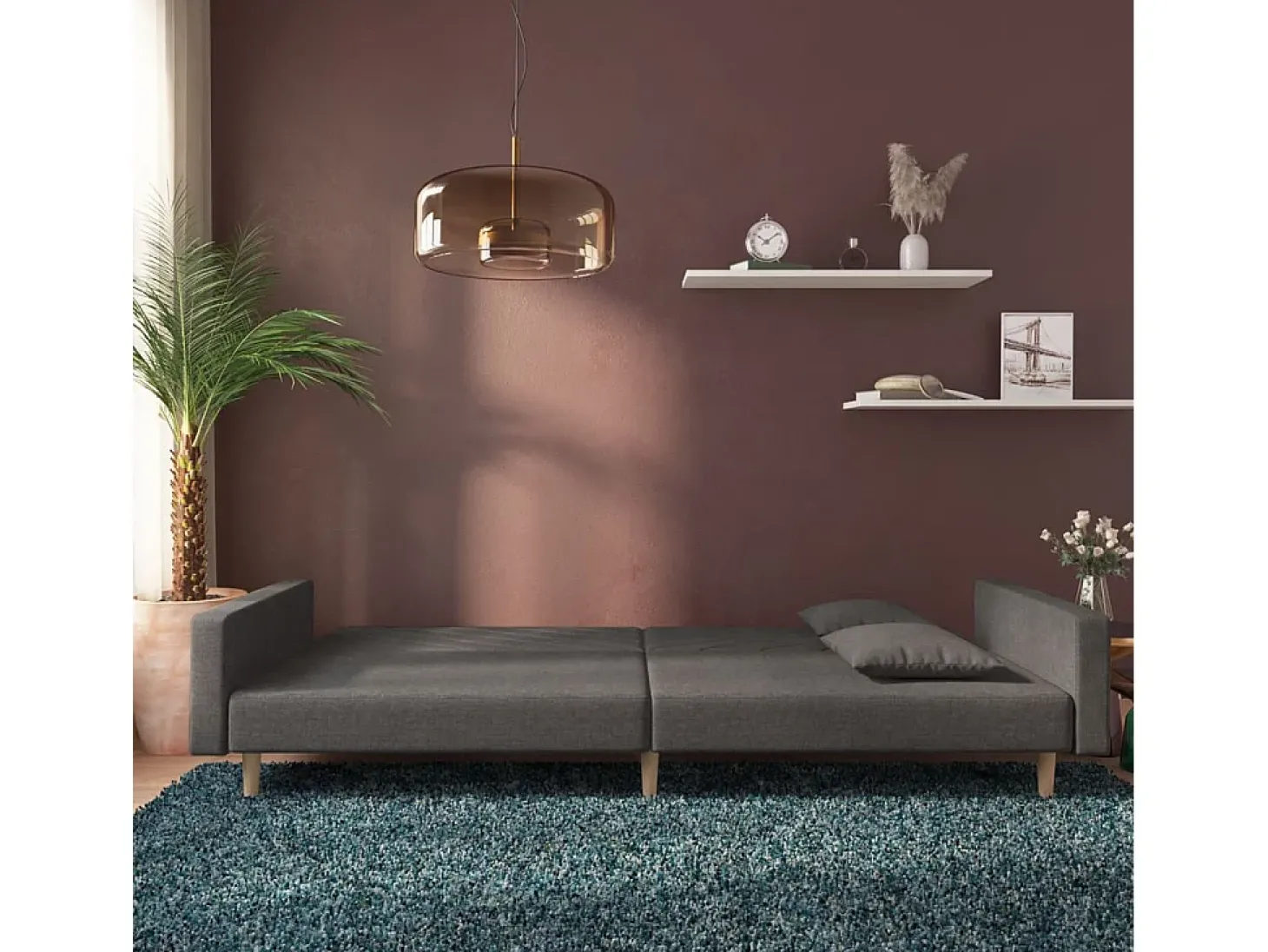 Sofá cama de 2 plazas con dos almohadas tela gris oscuro