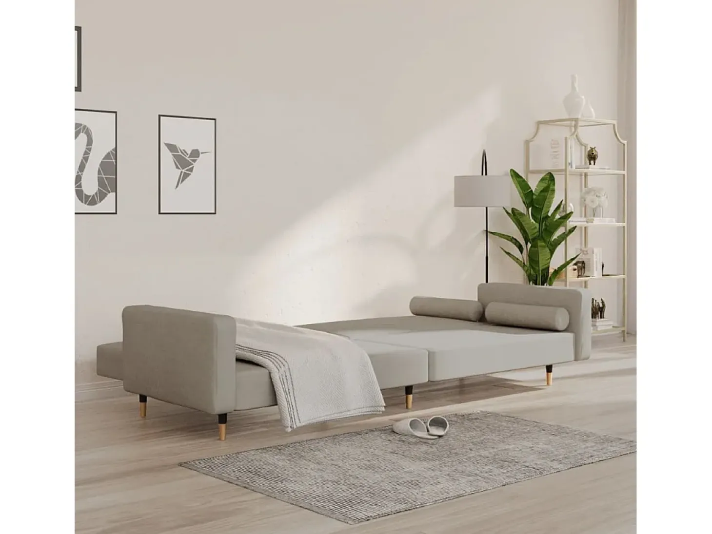 Sofá cama de 2 plazas con dos almohadas terciopelo gris claro