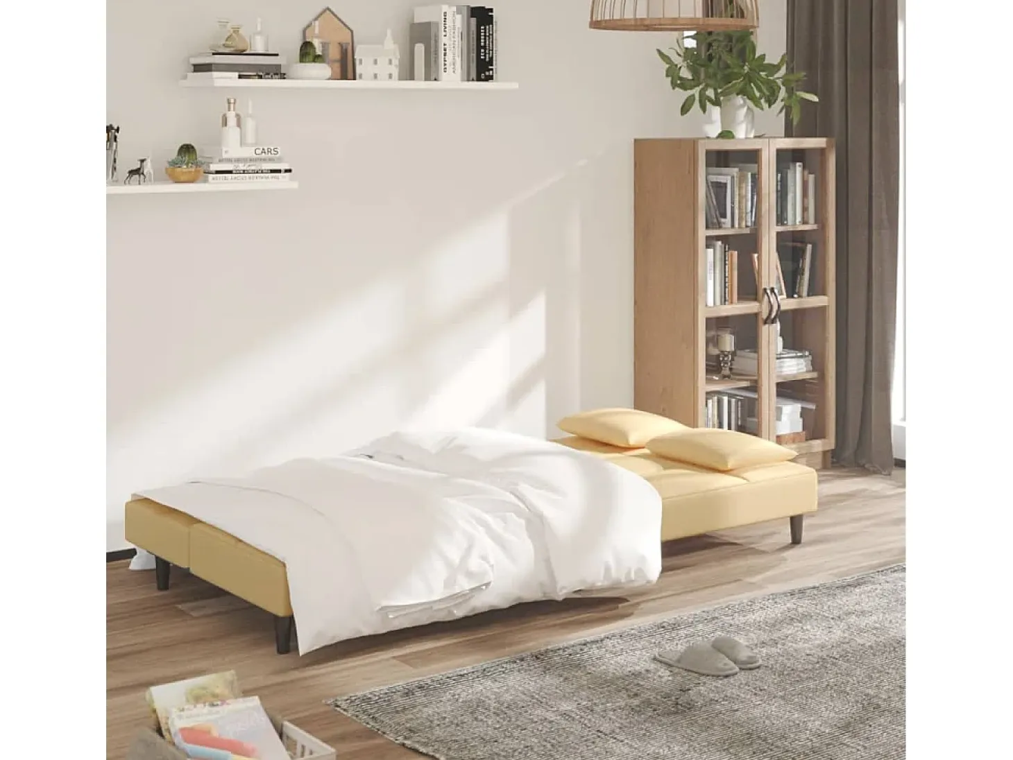 Sofá cama de 2 plazas con dos almohadas terciopelo color crema