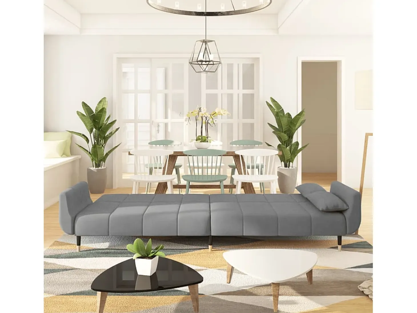Sofá cama de 2 plazas con dos almohadas terciopelo gris claro