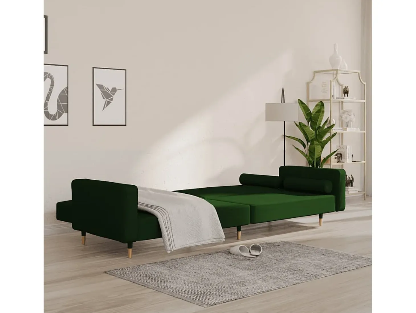 Sofá cama de 2 plazas con dos almohadas terciopelo verde oscuro