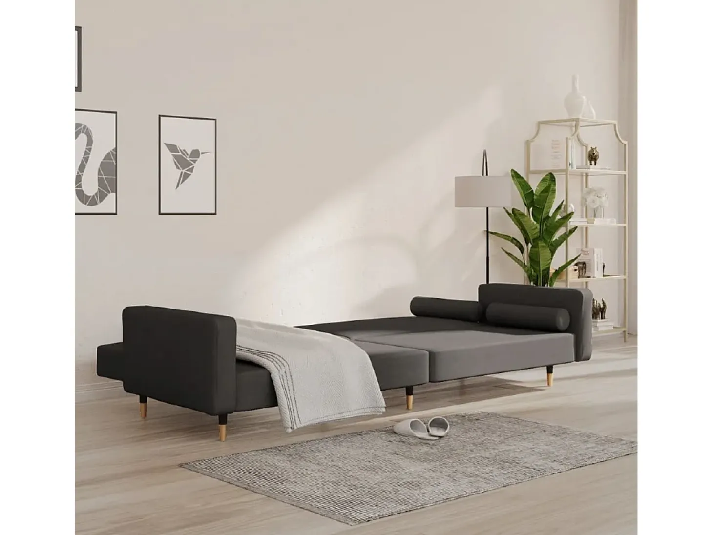 Sofá cama de 2 plazas con dos almohadas terciopelo gris oscuro